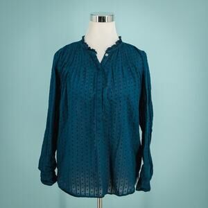Point Sur Size 4 Blue Swiss Dot Textured Ruffle Button Popover Long Sleeve Top